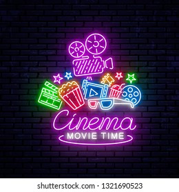 Bright neon sign for the cinema. Vector Illustration