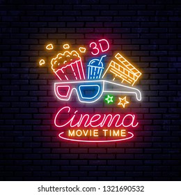 Bright neon sign for the cinema. Vector Illustration