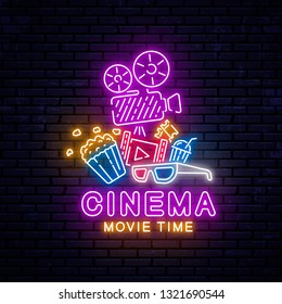 Bright neon sign for the cinema. Vector Illustration