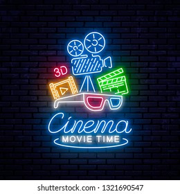 Bright neon sign for the cinema. Vector Illustration