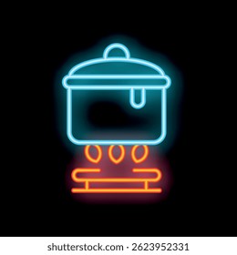 Bright neon sign of a cooking pot on a stove with flames, perfect for a restaurant, cafe, or food related business