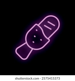 Bright neon sign of a corn cob glowing in purple light on a black background