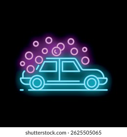 Bright neon sign depicting car wash with soap suds, perfect for businesses
