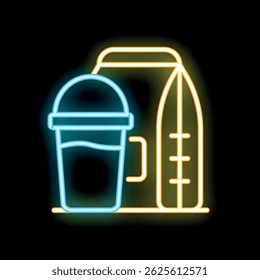 Bright neon sign depicting a disposable coffee cup with a lid and full of coffee next to a paper bag, possibly for takeaway food or groceries