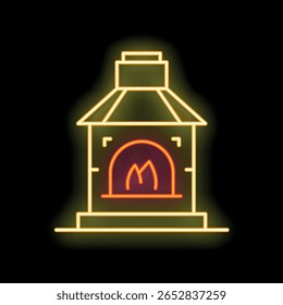 Bright neon sign depicting a fireplace with a burning fire inside, set against a black background