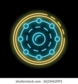 Bright neon sign depicting the structure of an atom, with a nucleus and orbiting electrons, set against a dark background