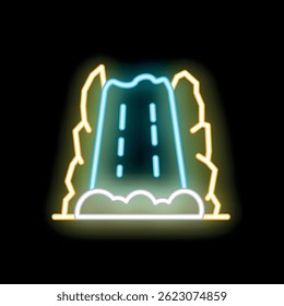 Bright neon sign depicting a waterfall cascading from a cliff