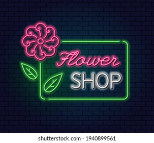 A Bright Neon Sign for a Flower Shop. Neon Plant Logo, flora emblem. Florist. Flower delivery, gardening. Vector.