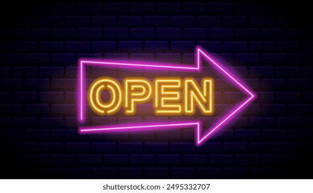 Bright Neon Sign With A Glowing Open Message And A Purple Arrow Pointing Right Against A Dark Brick Wall Background