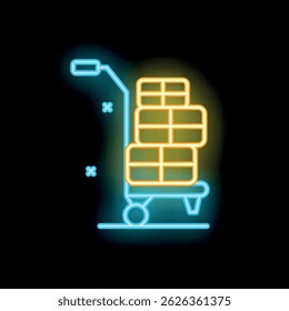 Bright neon sign of a hand truck carrying boxes, perfect for delivery service advertisement