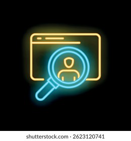 Bright neon sign icon of a magnifying glass searching for a candidate profile on an internet website