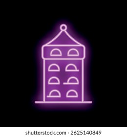Bright neon sign of medieval castle tower glowing in purple on black background