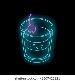 Bright neon sign of refreshing cocktail with cherry, glowing on dark background, perfect for bar or restaurant advertising