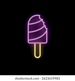 Bright neon sign representing a bitten chocolate covered ice cream bar on a stick, glowing on a dark background