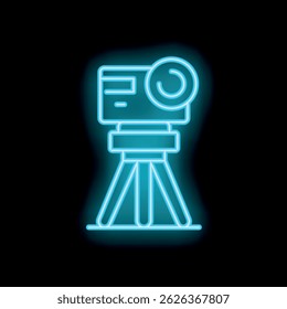 Bright neon sign representing a camera recording on a tripod, on a black background