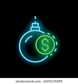 Bright neon sign representing the concept of a money bomb exploding with a green dollar sign