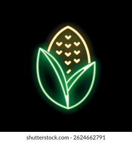 Signo de neón brillante que representa una mazorca de maíz con hojas verdes, sobre un fondo negro