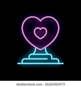 Bright neon sign representing love with heart shape glowing on black background