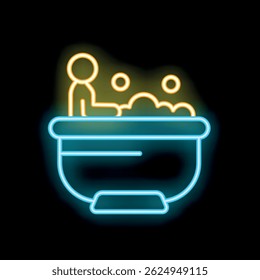 Bright neon sign representing a person taking a bubble bath in a basin, ideal for wellness and hygiene related themes