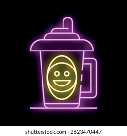 Bright neon sign representing a takeaway coffee cup showing a happy emoji, perfect for coffee shop advertising