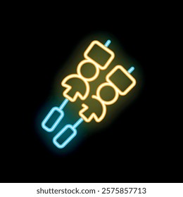 Bright neon sign representing two skewers with meat and vegetables, ideal for restaurant or food related businesses
