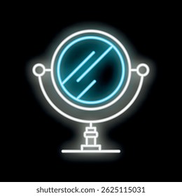 Bright neon sign of a round desktop mirror on a stand, glowing blue and white, perfect for advertising a beauty salon or barbershop
