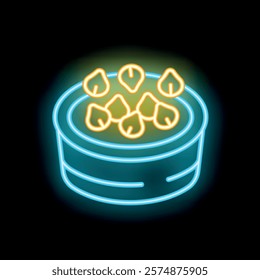 Bright neon sign showing chickpeas falling into an open metal tin can, perfect for illustrating hummus production