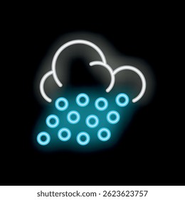 Bright neon sign showing a cloud producing snowfall on black background