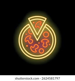 Sinal de neon brilhante mostrando uma deliciosa pizza com cogumelos e pepperoni, perfeito para menus escuros e restaurantes
