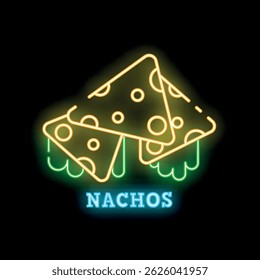Bright neon sign showing nachos with melted cheese on black background
