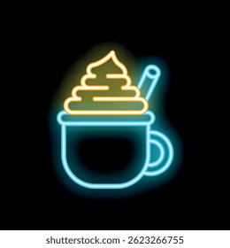 Bright neon sign showing a steaming mug with whipped cream and a straw, perfect for cafe menus and marketing