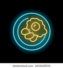 Bright neon sign showing stylized fried eggs on a plate, glowing on a black background