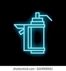 Bright neon sign of a soap dispenser glowing blue against a black background