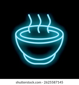 Bright neon sign of a steaming hot bowl of soup is glowing on a black background