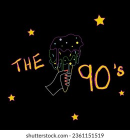 Bright neon signboard in the style of the 90s. Illustration of neon jacket in 90s style and ice cream in female hand with bright manicure