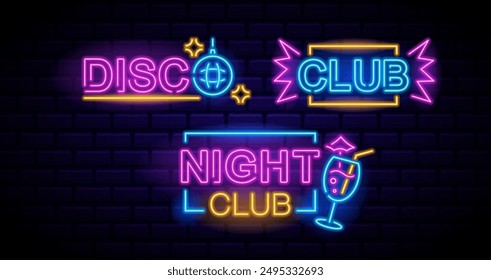 Bright Neon Signs For Disco And Night Club. Vector Retro Designs In Pink, Blue, Yellow Neon Lights On A Dark Brick Wall