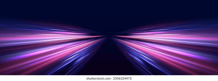 Bright neon speed in panoramic horizontal technology concept, on dark abstract background. Long exposure of motorways as speed.	