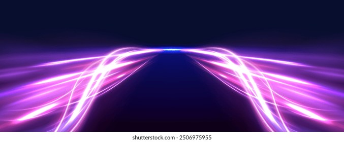 Bright neon speed in panoramic horizontal technology concept, on dark abstract background. Long exposure of motorways as speed.	