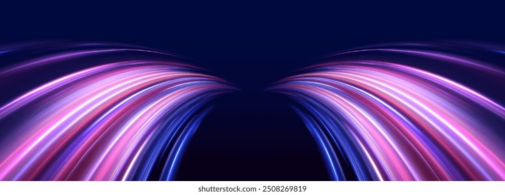 Bright neon speed in panoramic horizontal technology concept, on dark abstract background. Long exposure of motorways as speed.	