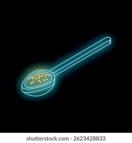 Bright neon spoon containing brown sugar granules, glowing on a dark background