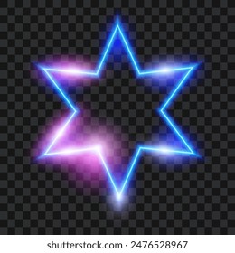 Bright neon star, blue and pink on transparent background, vector illustration.