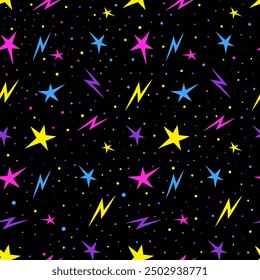 Bright neon stars and lightning bolts playfully scattered on deep black background. Stylized vector space illustration. Seamless pattern. Great for textiles, wallpaper, backgrounds, wrapping paper and