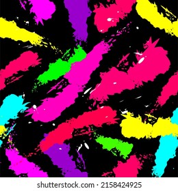 bright neon strokes on a black background. bright neon seamless pattern. spots, doodles, brush strokes, splashes, light green, pink, turquoise neon colors. contrast abstract vector background
