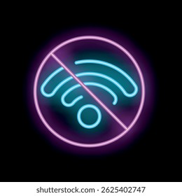 Bright neon style icon of a wifi symbol being crossed out by a circle with copy space on a black background