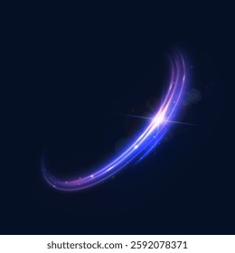 Bright neon swirl. Semicircular lines on a dark background with a bright glowing glare. The effect of moving glowing lines for game interfaces. Vector