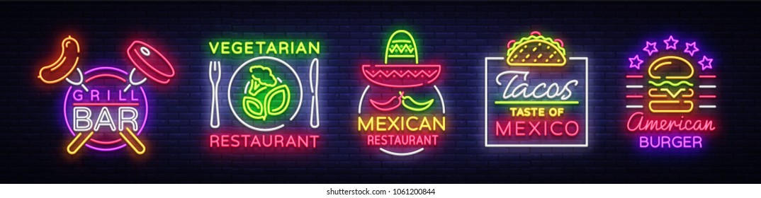 Bright neon symbols for food. Collection Design Elements, Neon Signs for Food, Grill Bar, Vegetarian Food, Mexican Restaurant, Tacos, American Burger, Vector Illustration