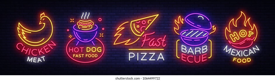 Bright neon symbols for food. Collection Design Elements, Neon Signs for Food, Chicken Meat, Hot Dog Fast Food, Fast Pizza, Barbecue, Hot Mexican Food.Vector Illustration