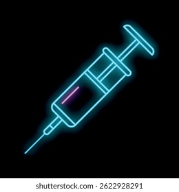 Bright neon syringe glowing on black background representing a concept related to medicine, healthcare, vaccination or drug addiction