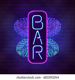 Bright Neon Tropical Bar Sign. Board With Exotic Incandescent Lamp Leaves