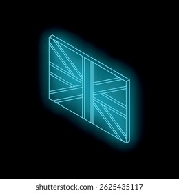 Bright neon united kingdom flag glowing on a dark background with isometric projection